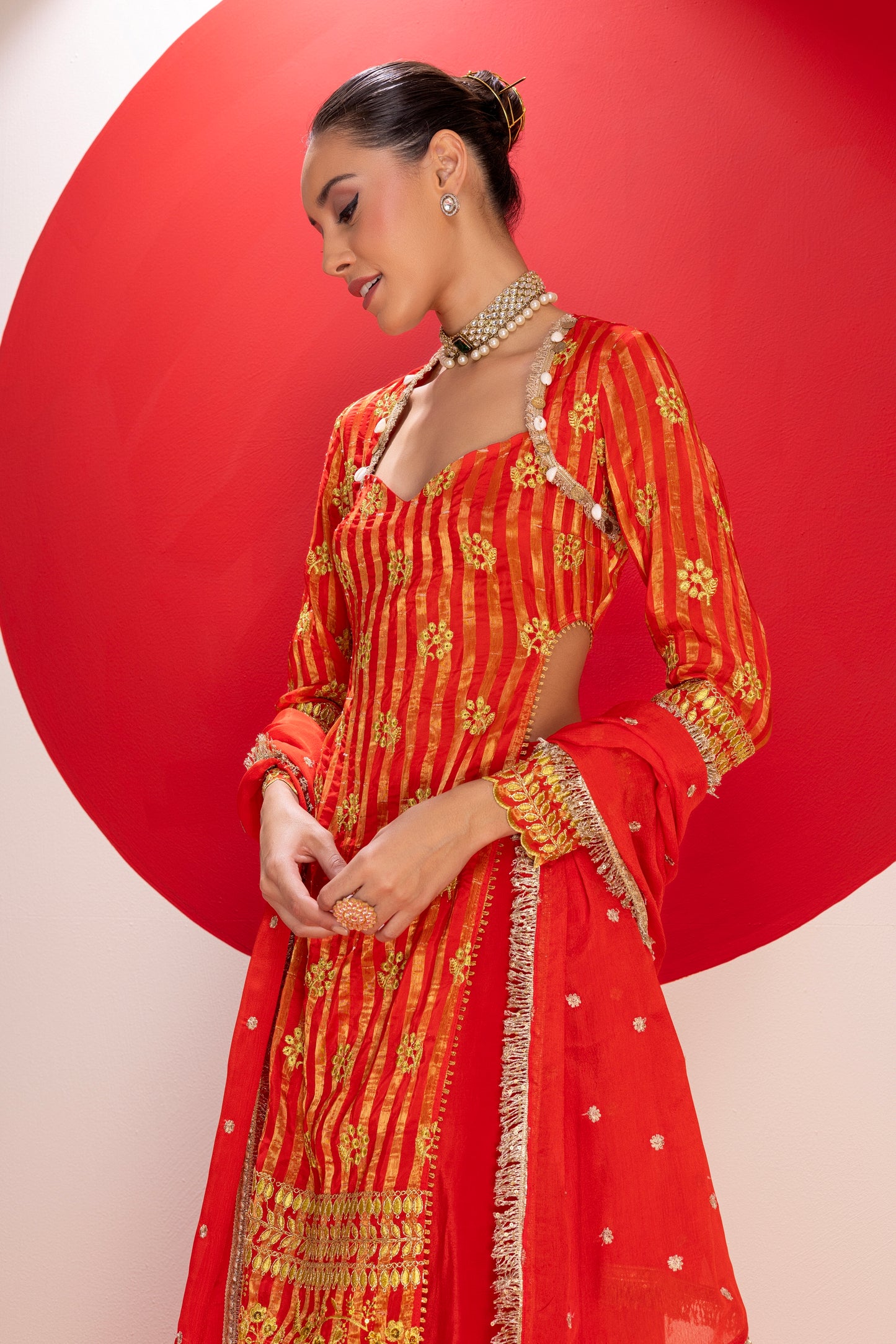 Red Gold Embroidered Kurta with Lehenga Set