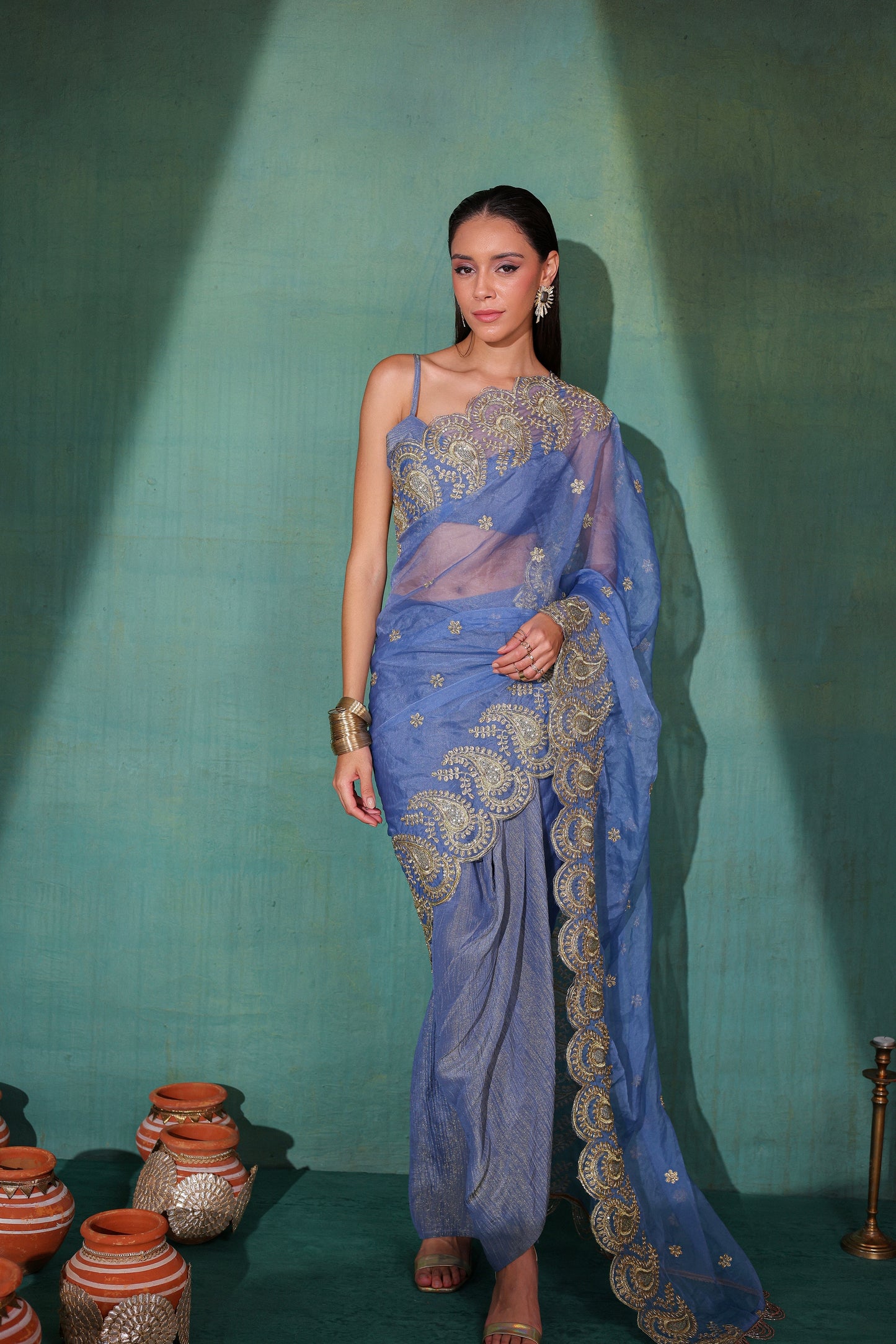 Twilight Gold Dhoti Pre-Draped Crinkle Tissue Saree