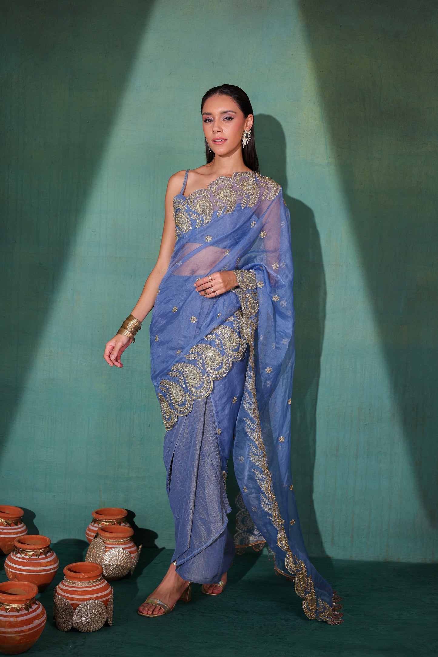 Twilight Gold Dhoti Pre-Draped Crinkle Tissue Saree