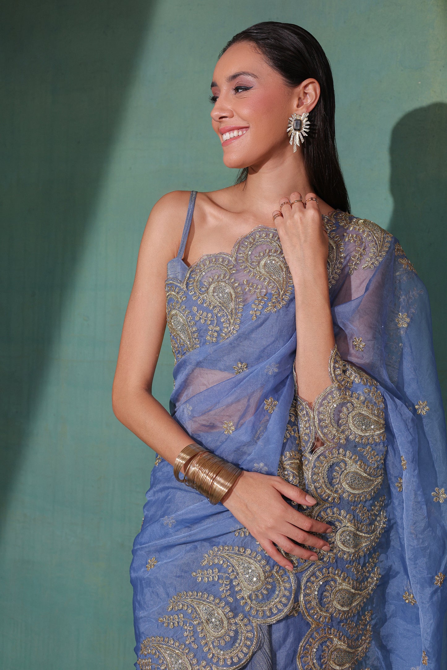 Twilight Gold Dhoti Pre-Draped Crinkle Tissue Saree