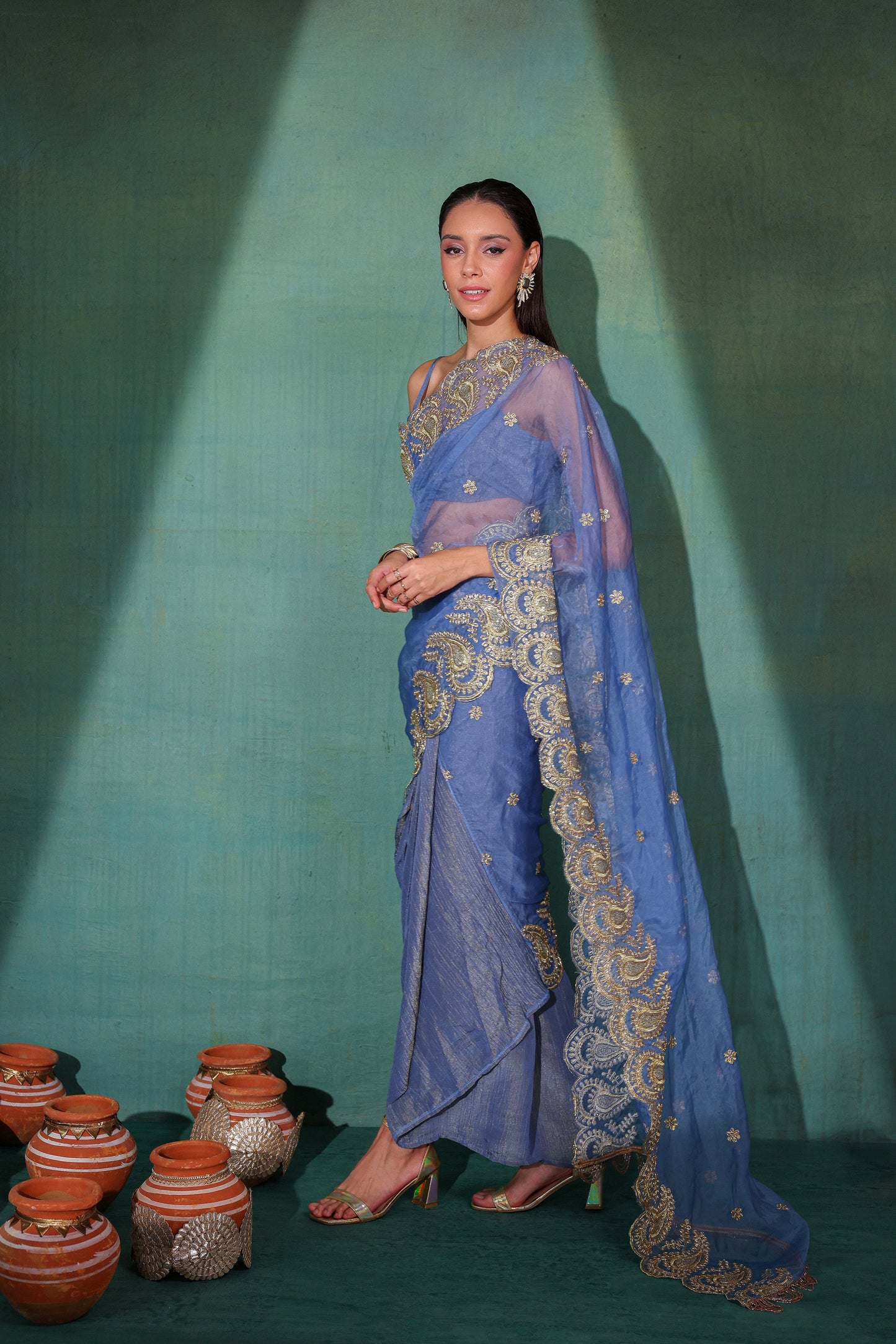 Twilight Gold Dhoti Pre-Draped Crinkle Tissue Saree