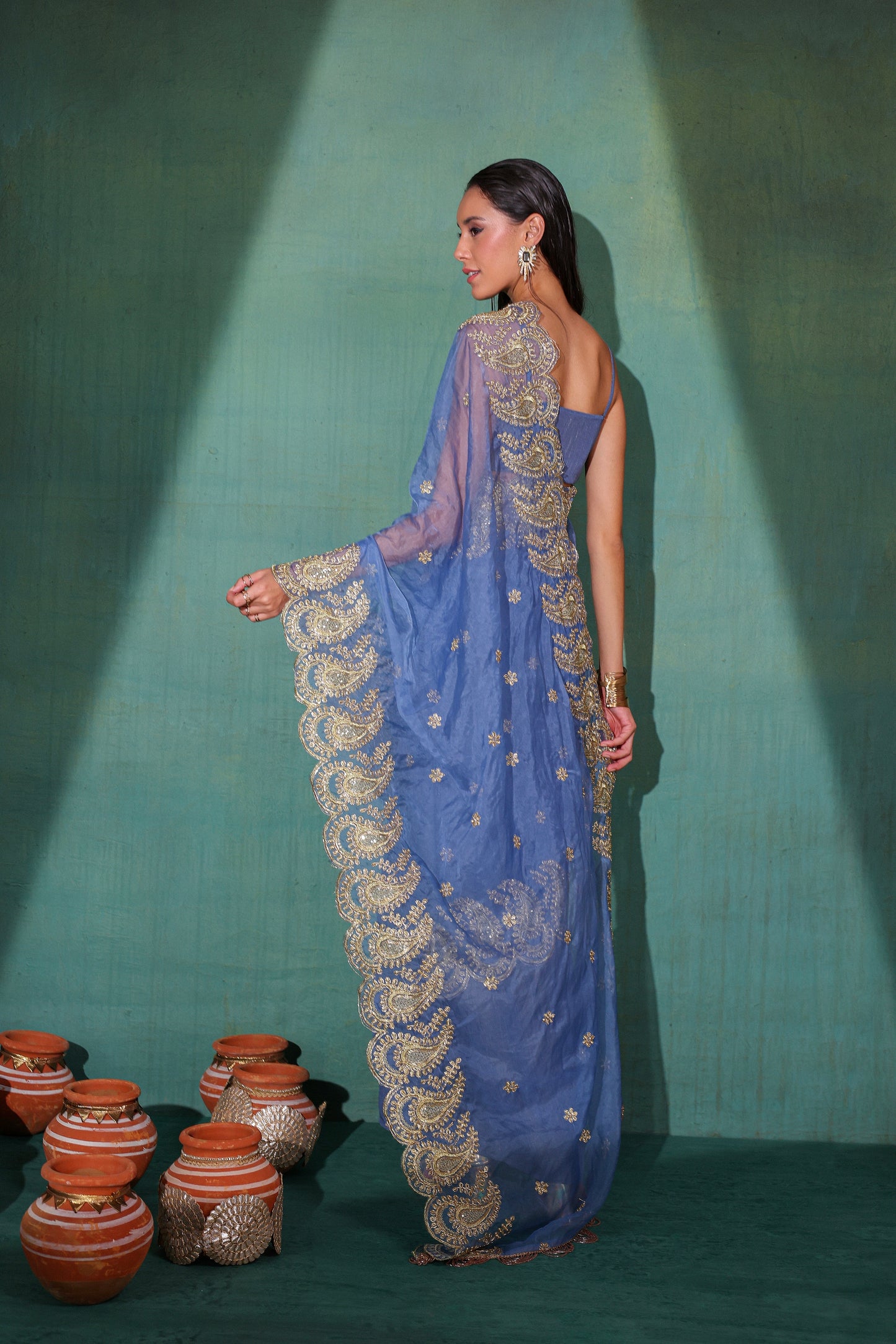 Twilight Gold Dhoti Pre-Draped Crinkle Tissue Saree