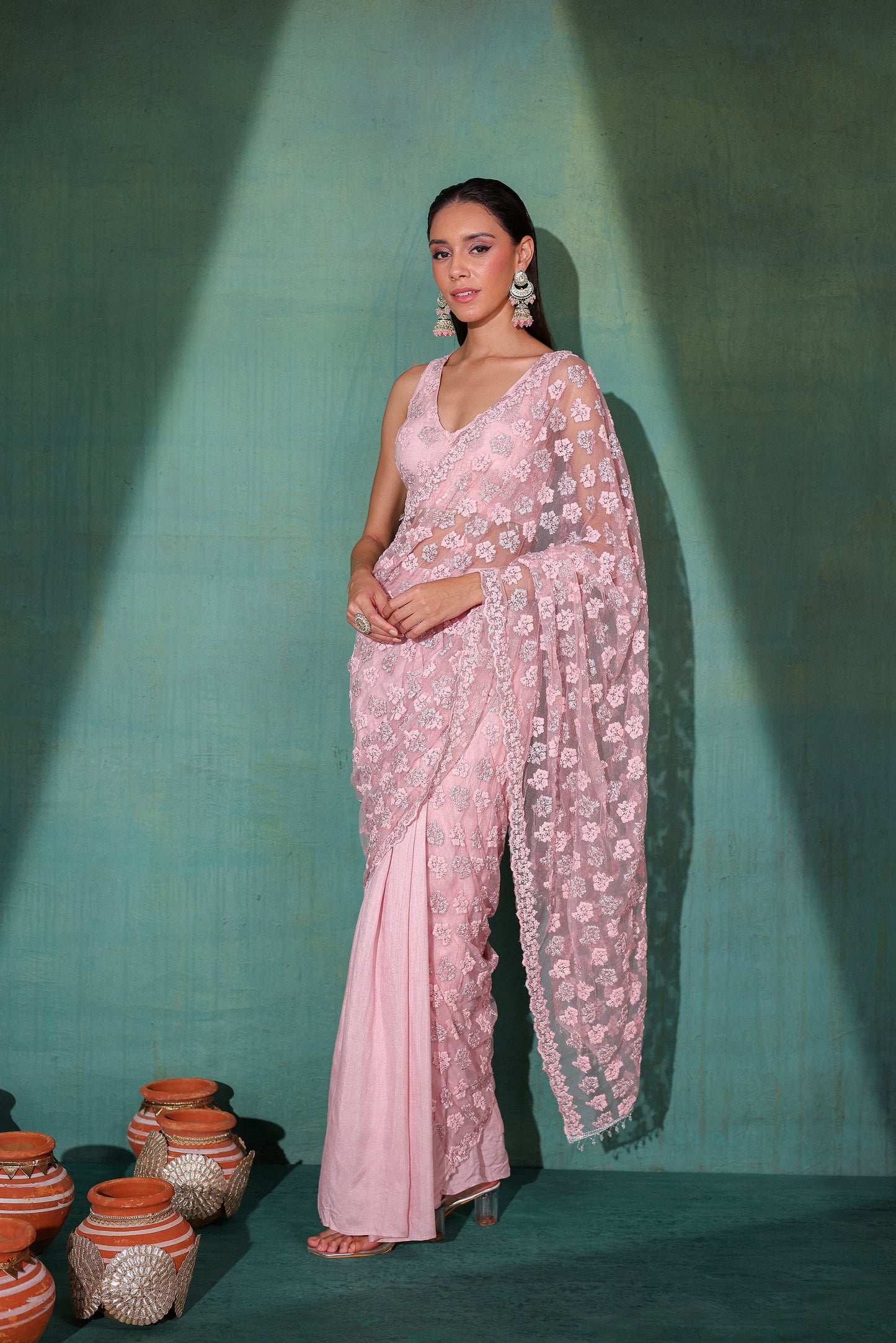 Baby Pink Pre Draped Net Saree