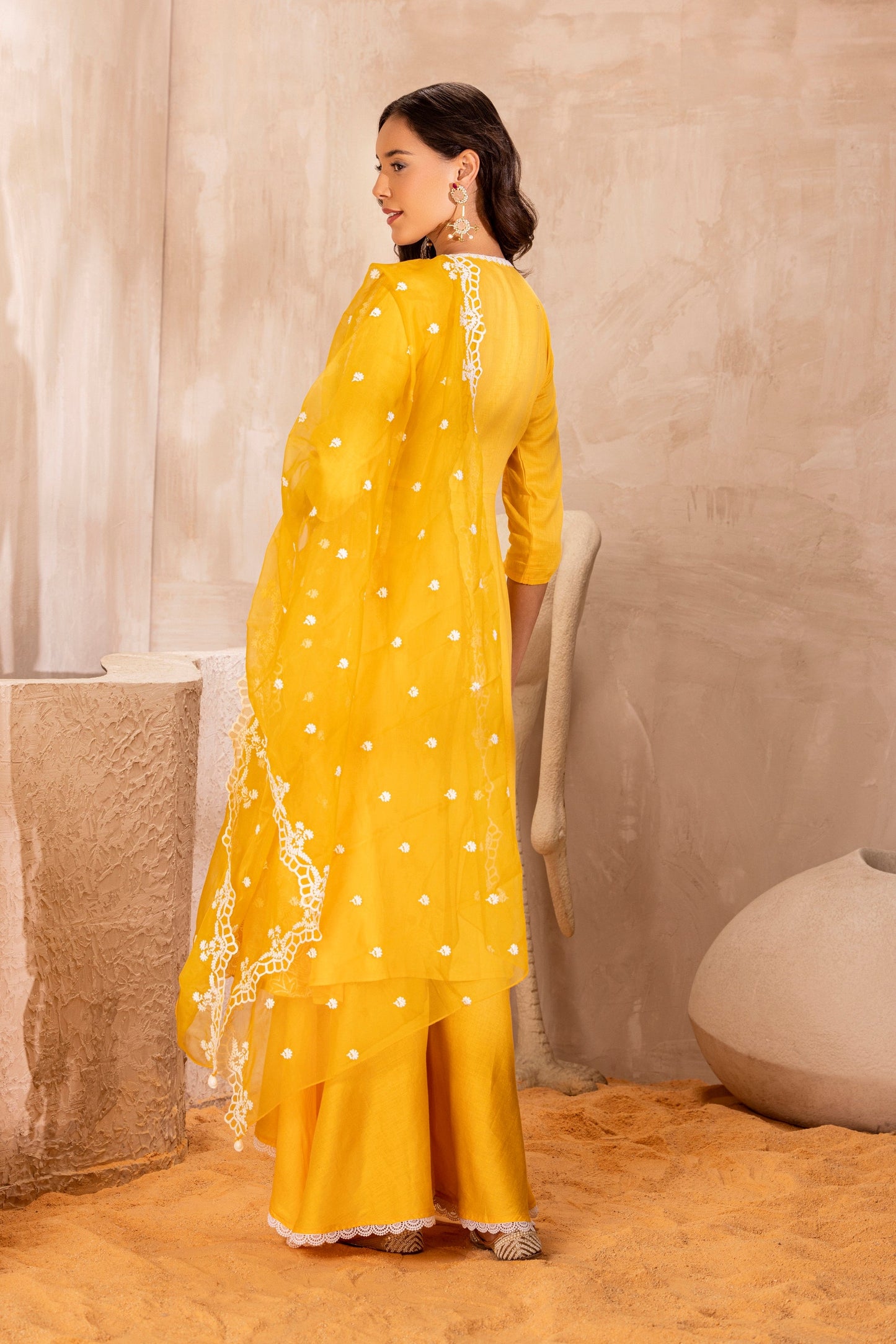 Yellow Embroidered Wrap Kurta Set with organza dupatta