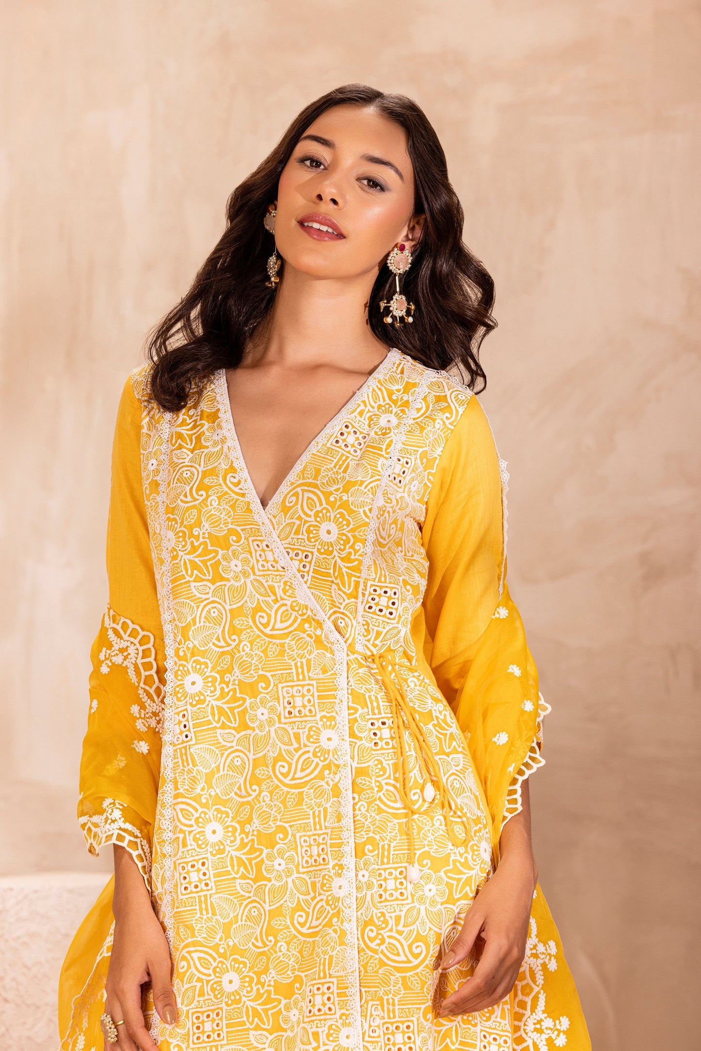 Yellow Embroidered Wrap Kurta Set with organza dupatta