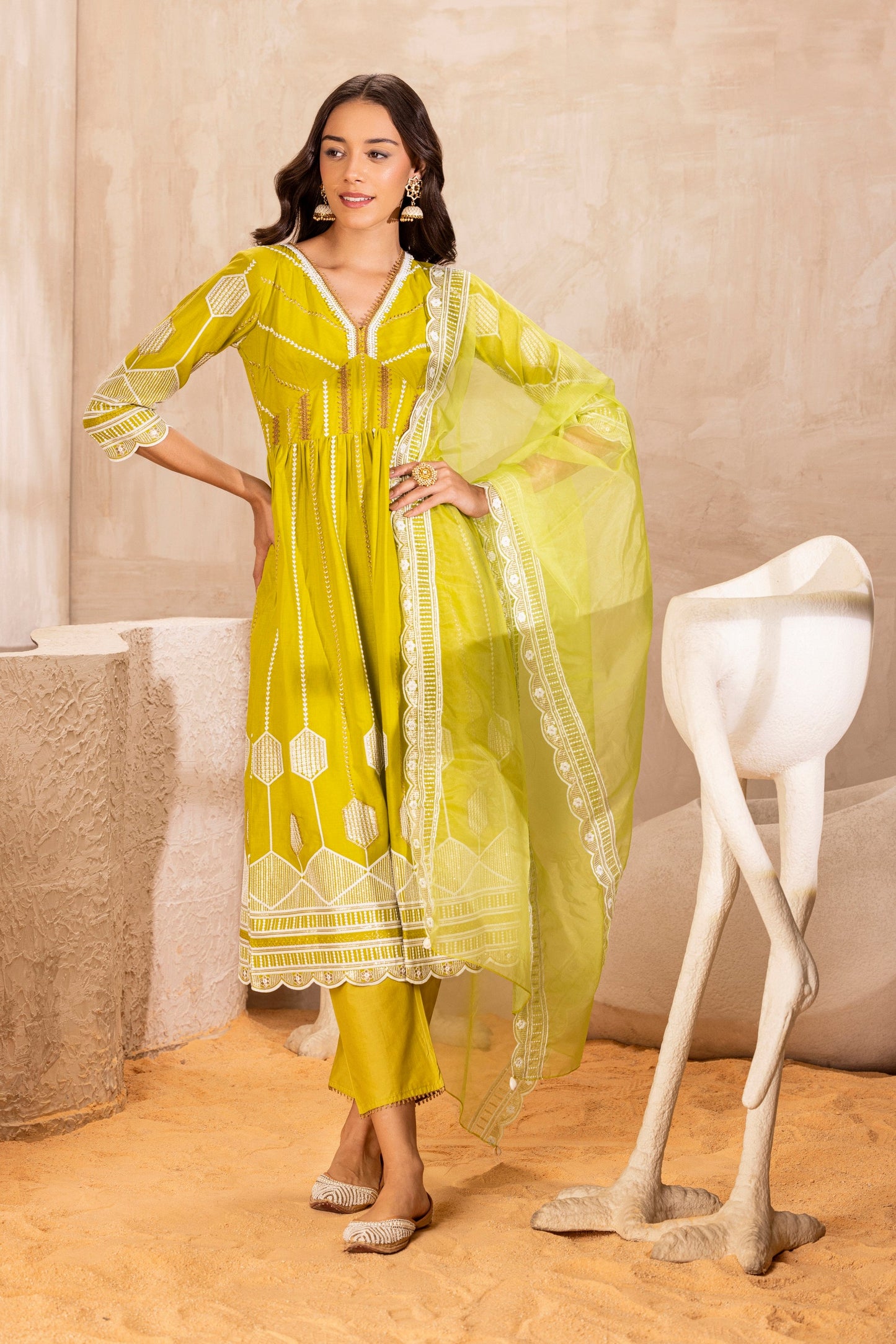 LIME CRYSTAL SUIT SET WITH ORGANZA DUPATTA