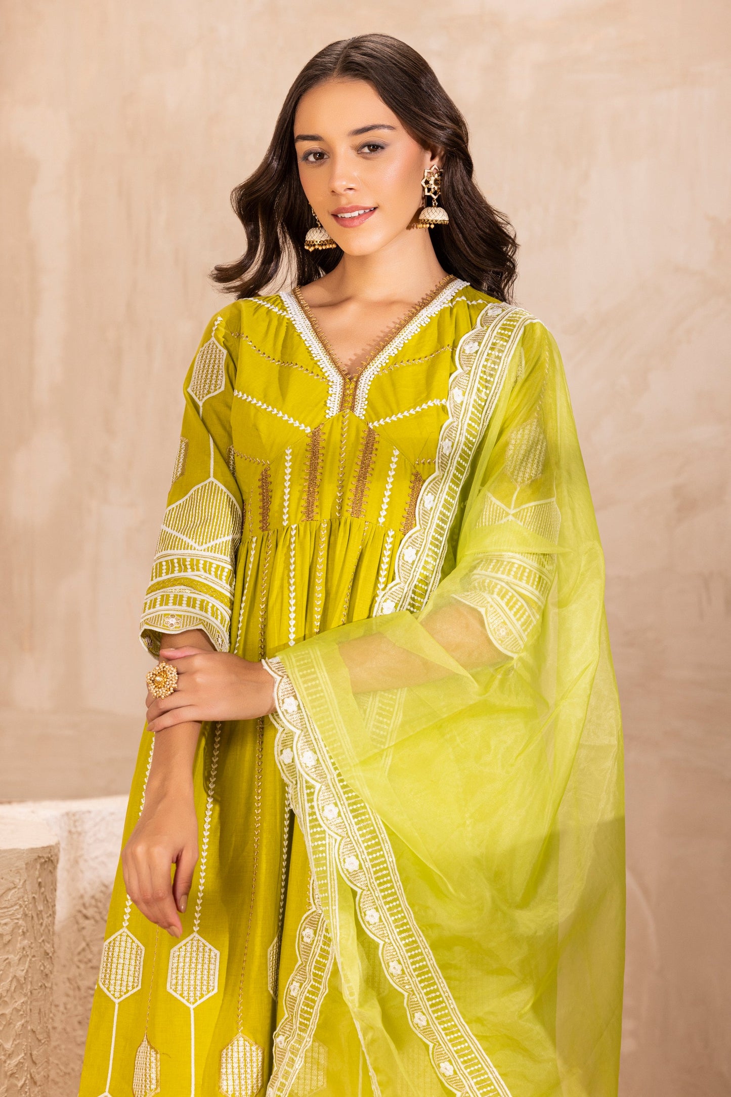 LIME CRYSTAL SUIT SET WITH ORGANZA DUPATTA