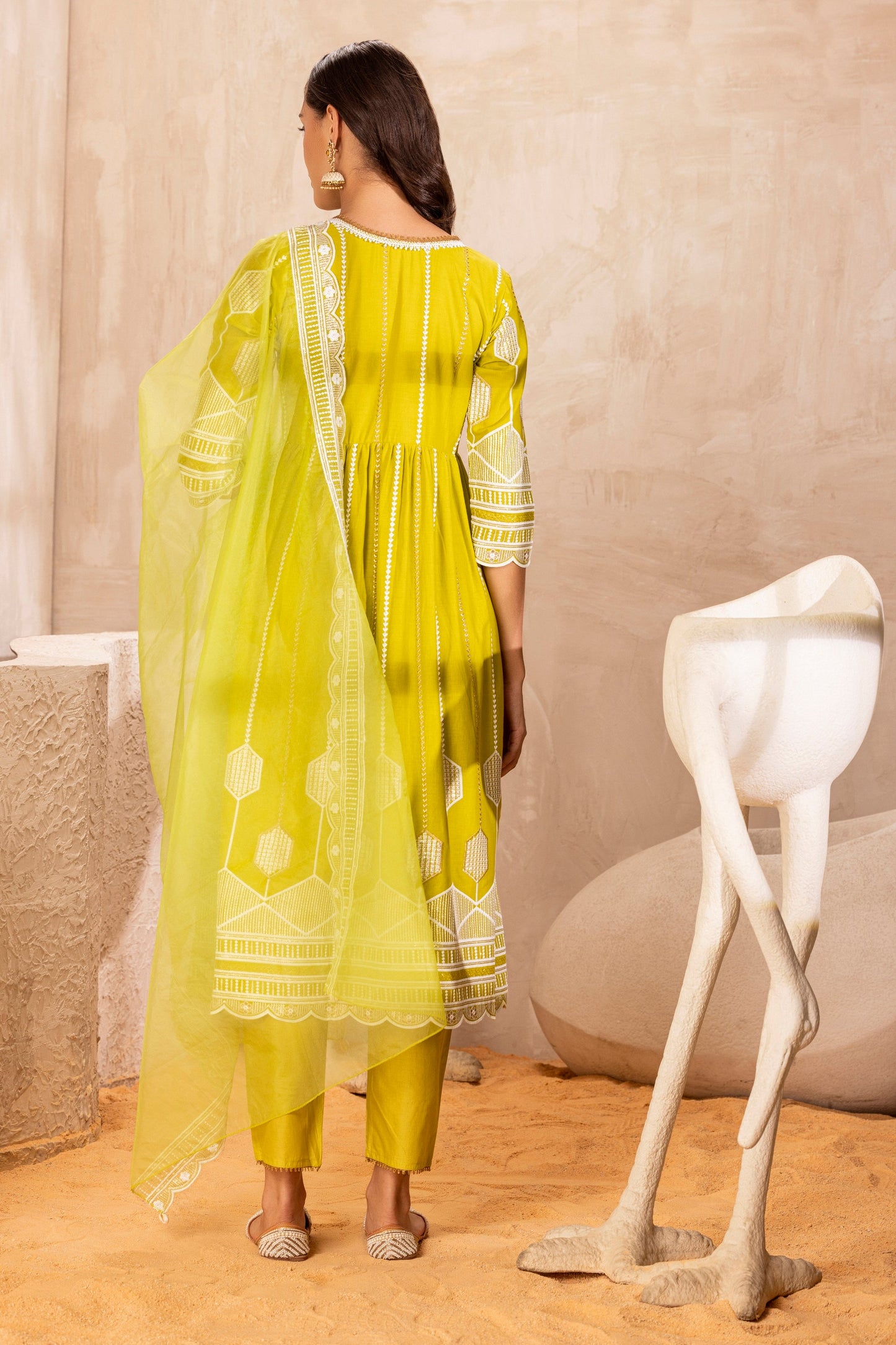 LIME CRYSTAL SUIT SET WITH ORGANZA DUPATTA