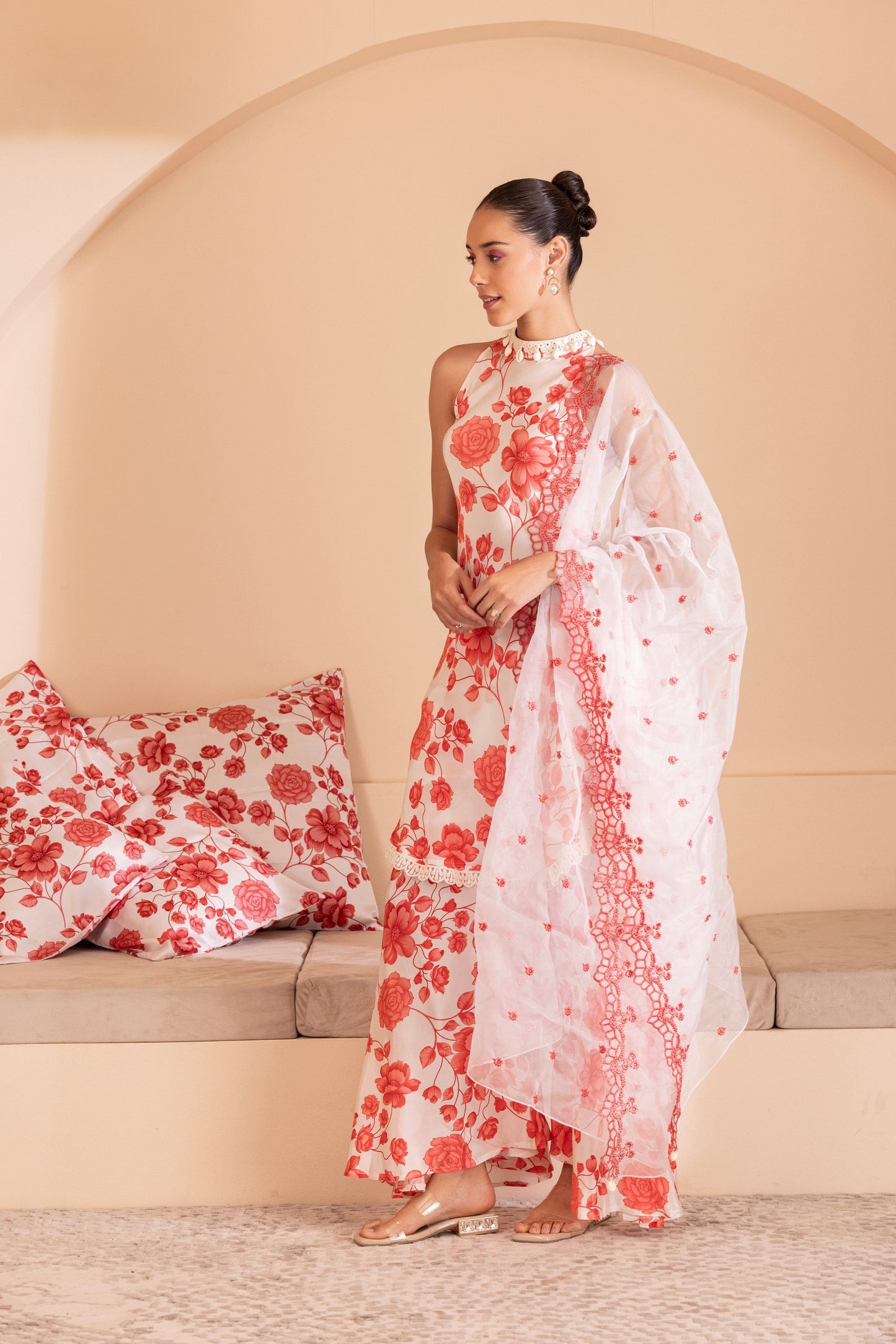 Red Floral Halter Set with Embroidered Organza Dupatta