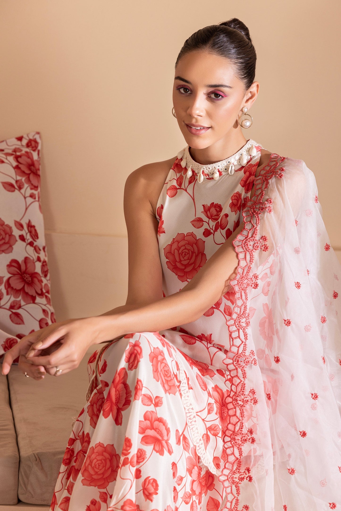 Red Floral Halter Set with Embroidered Organza Dupatta