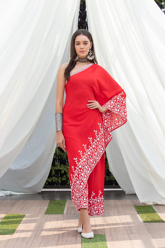 Red Embroidered Indie-Fusion Set