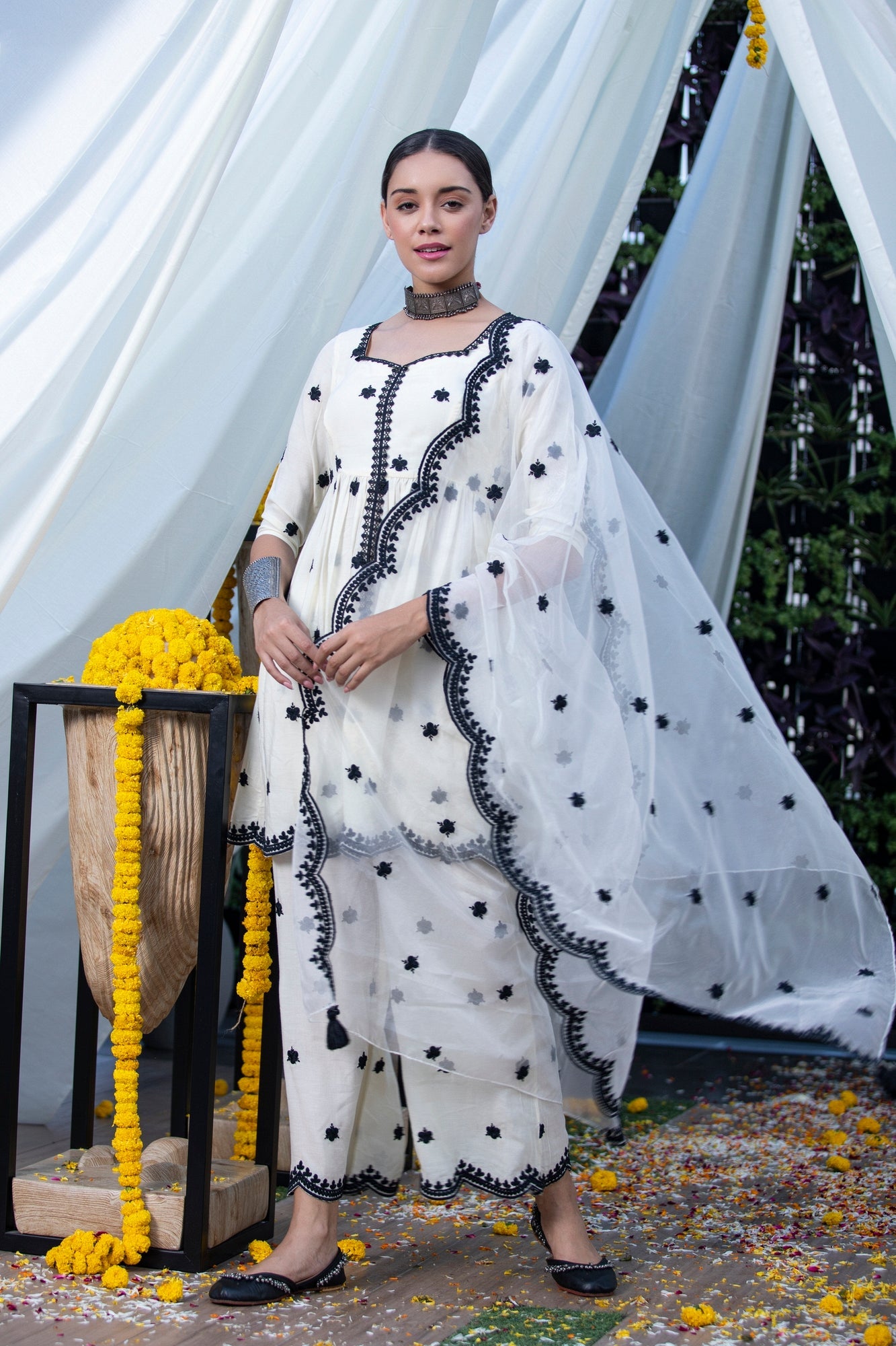 Cream and Black Embroidered Suit Set