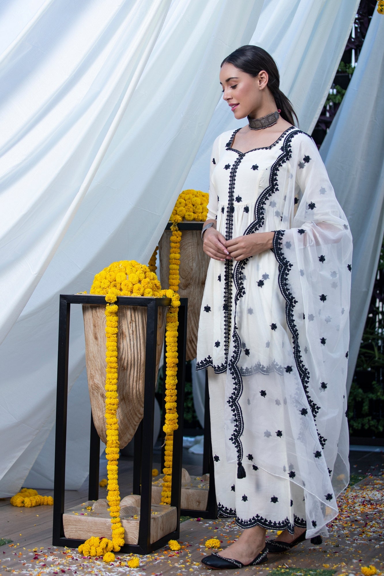 Cream and Black Embroidered Suit Set