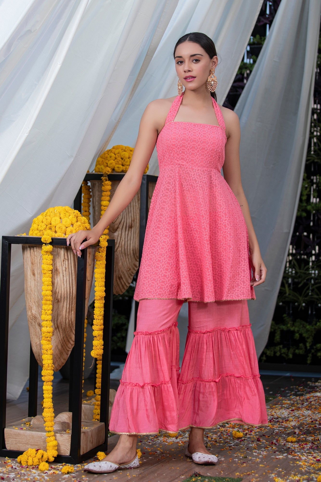 Salmon Pink Chikankari Fusion Set