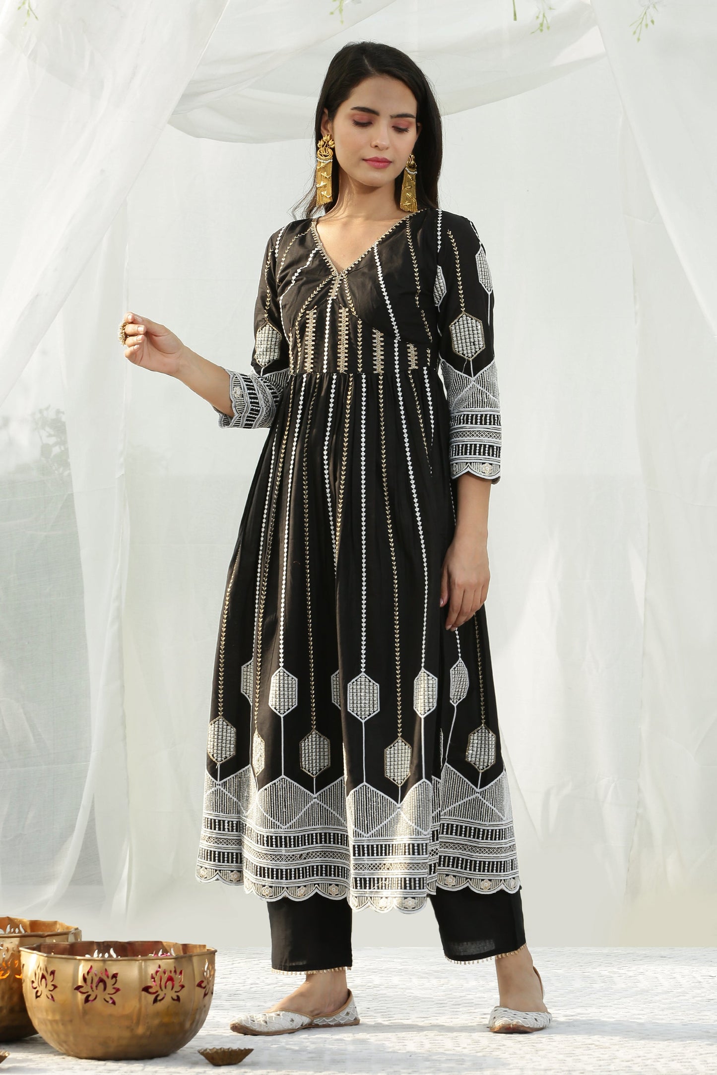 Black Crystal Anarkali Embroidered Kurta Set