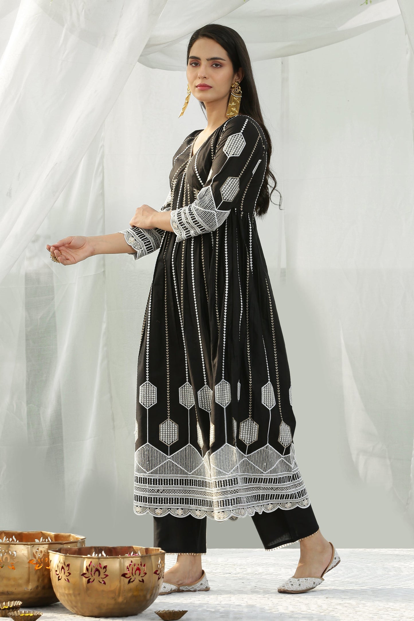 Black Crystal Anarkali Embroidered Kurta Set