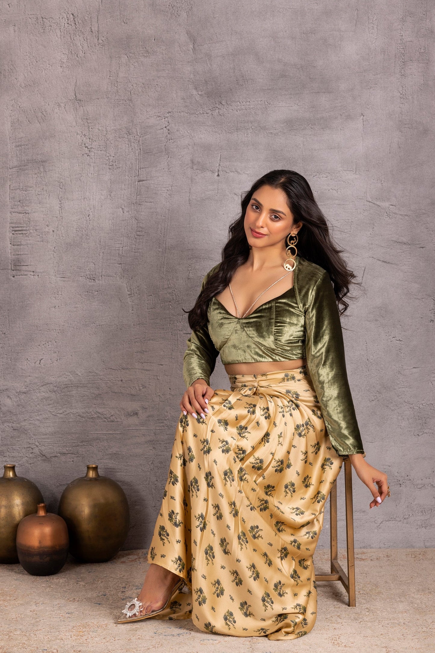 Dark Green Velet Crop Top and Printed Skirt Set