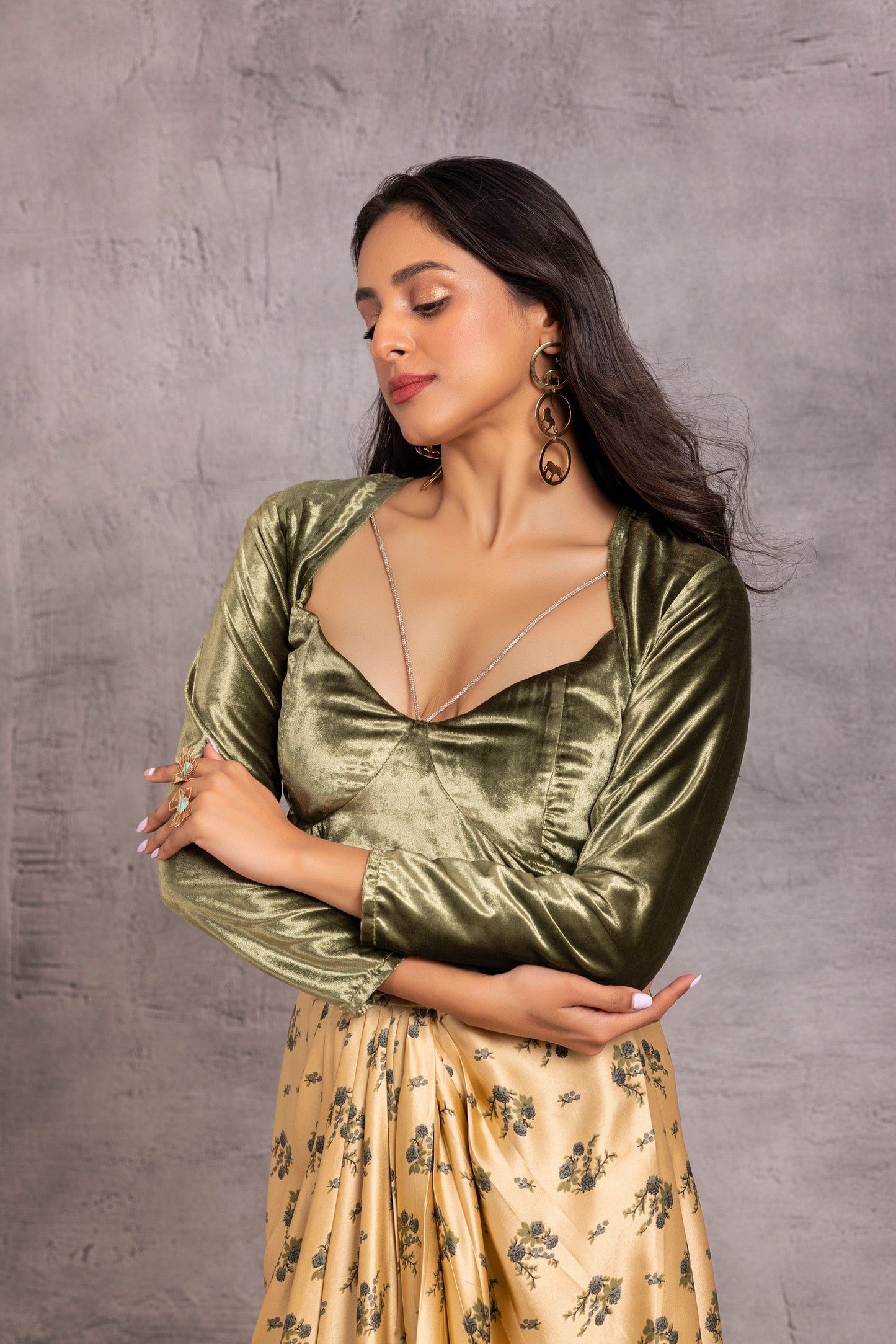 Dark Green Velet Crop Top and Printed Skirt Set