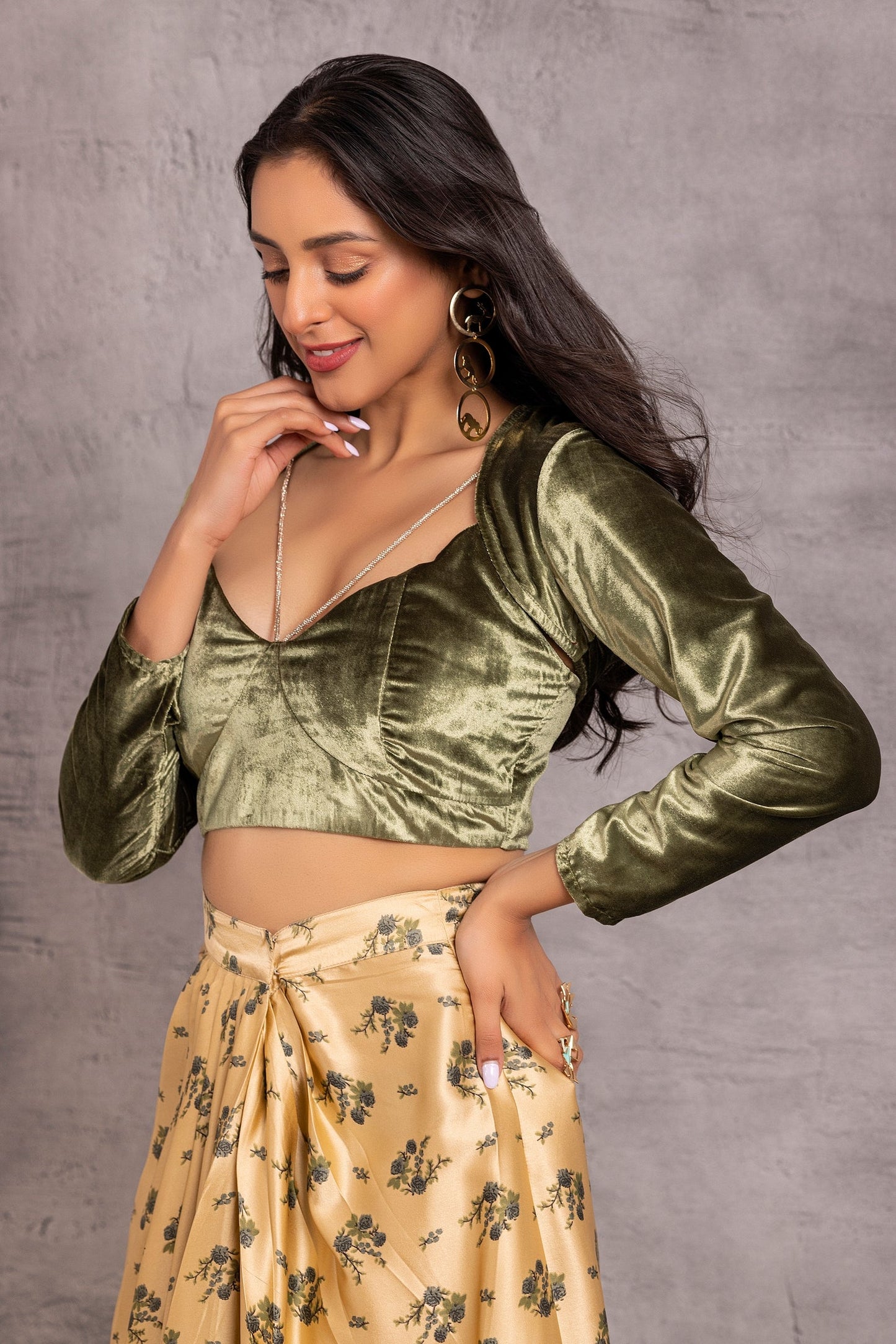 Dark Green Velet Crop Top and Printed Skirt Set