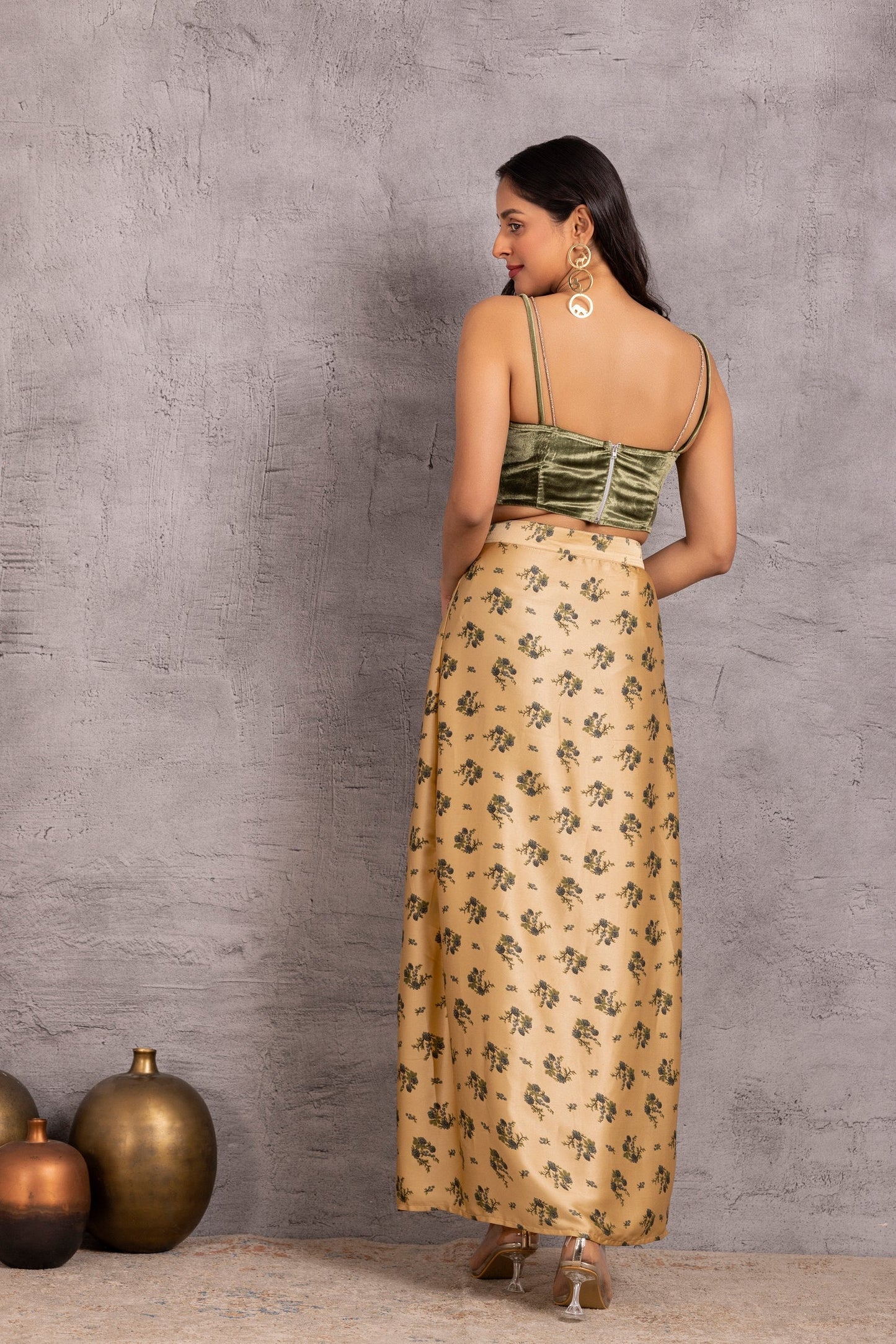 Dark Green Velet Crop Top and Printed Skirt Set