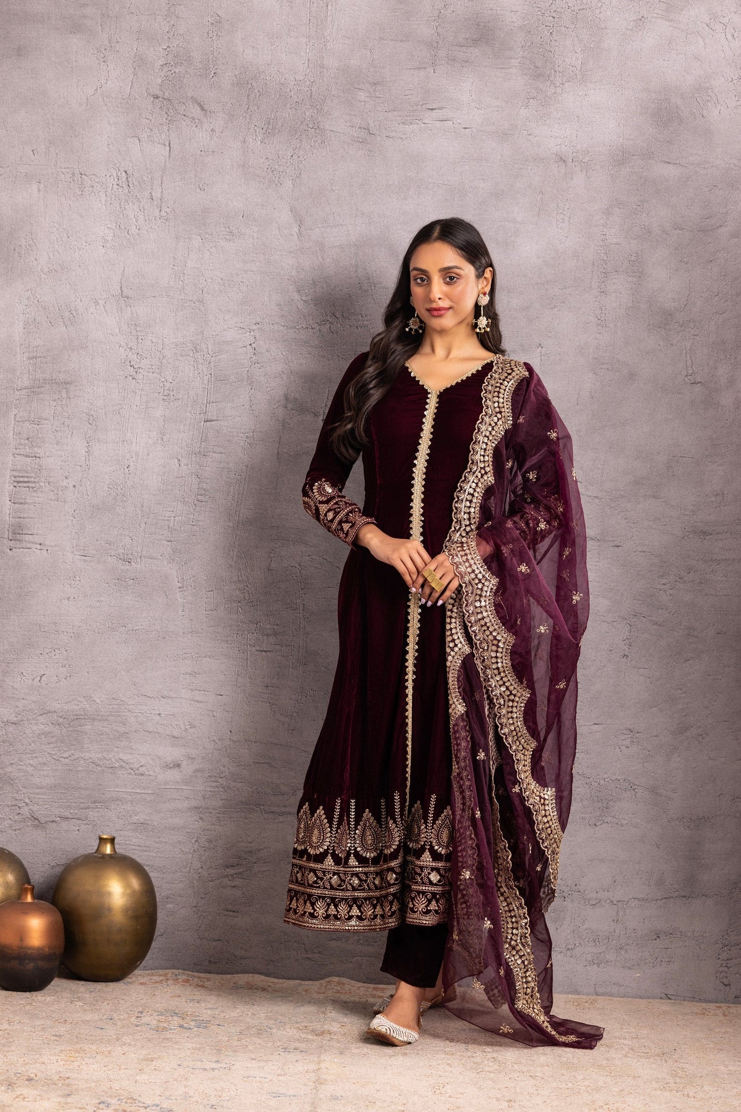 Wine velvet Suit Set with Organza Dupatta