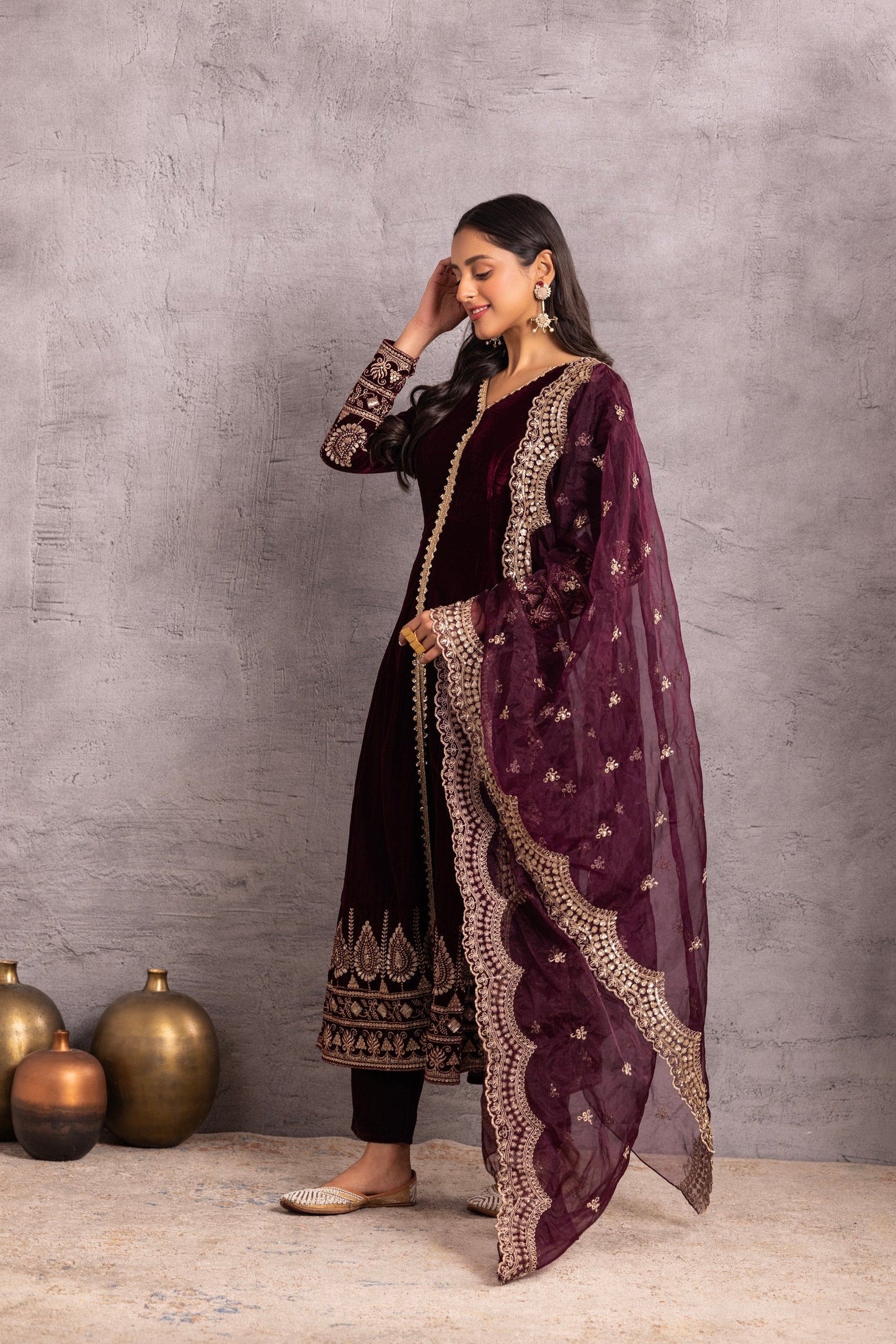 Wine velvet Suit Set with Organza Dupatta