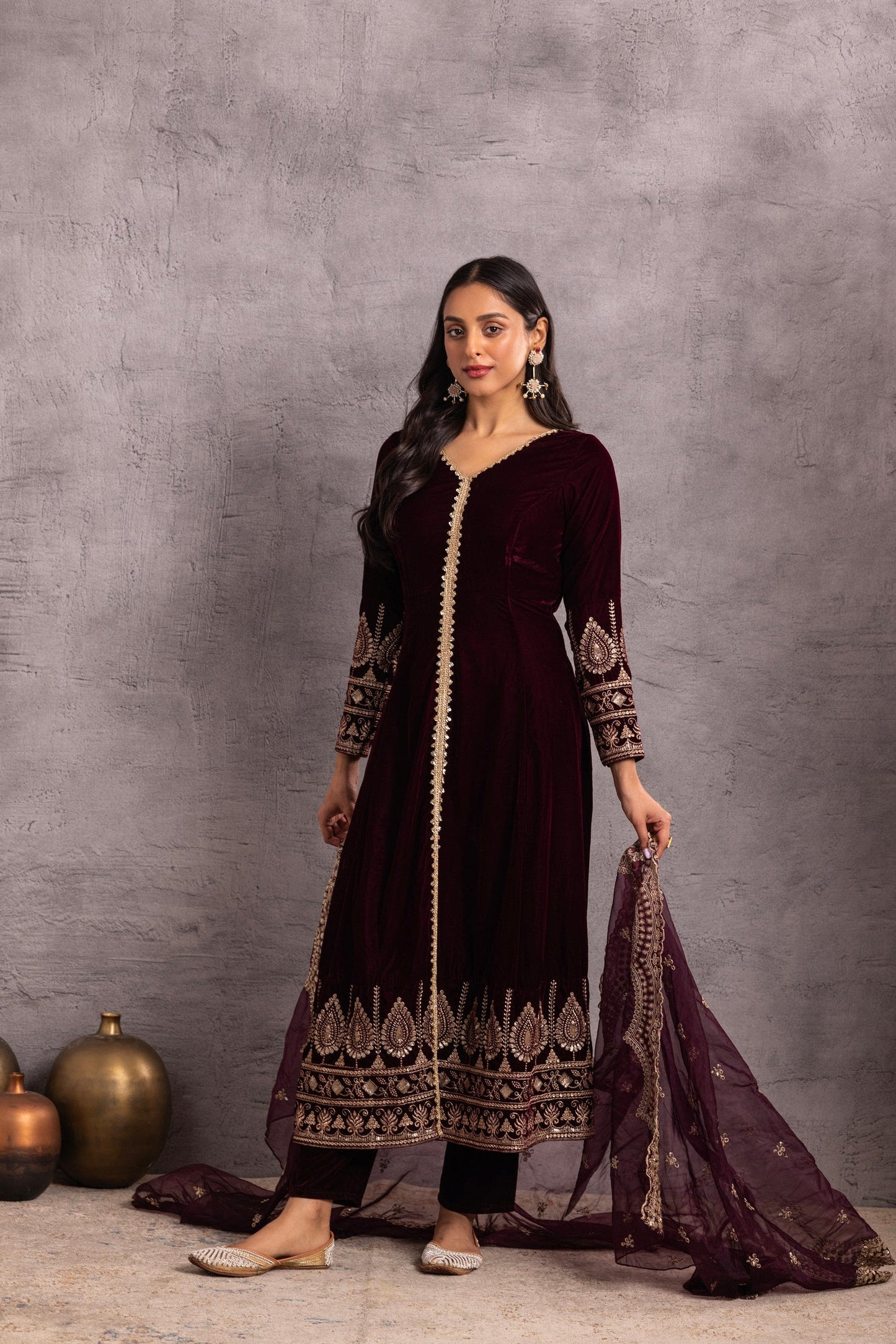 Wine velvet Suit Set with Organza Dupatta