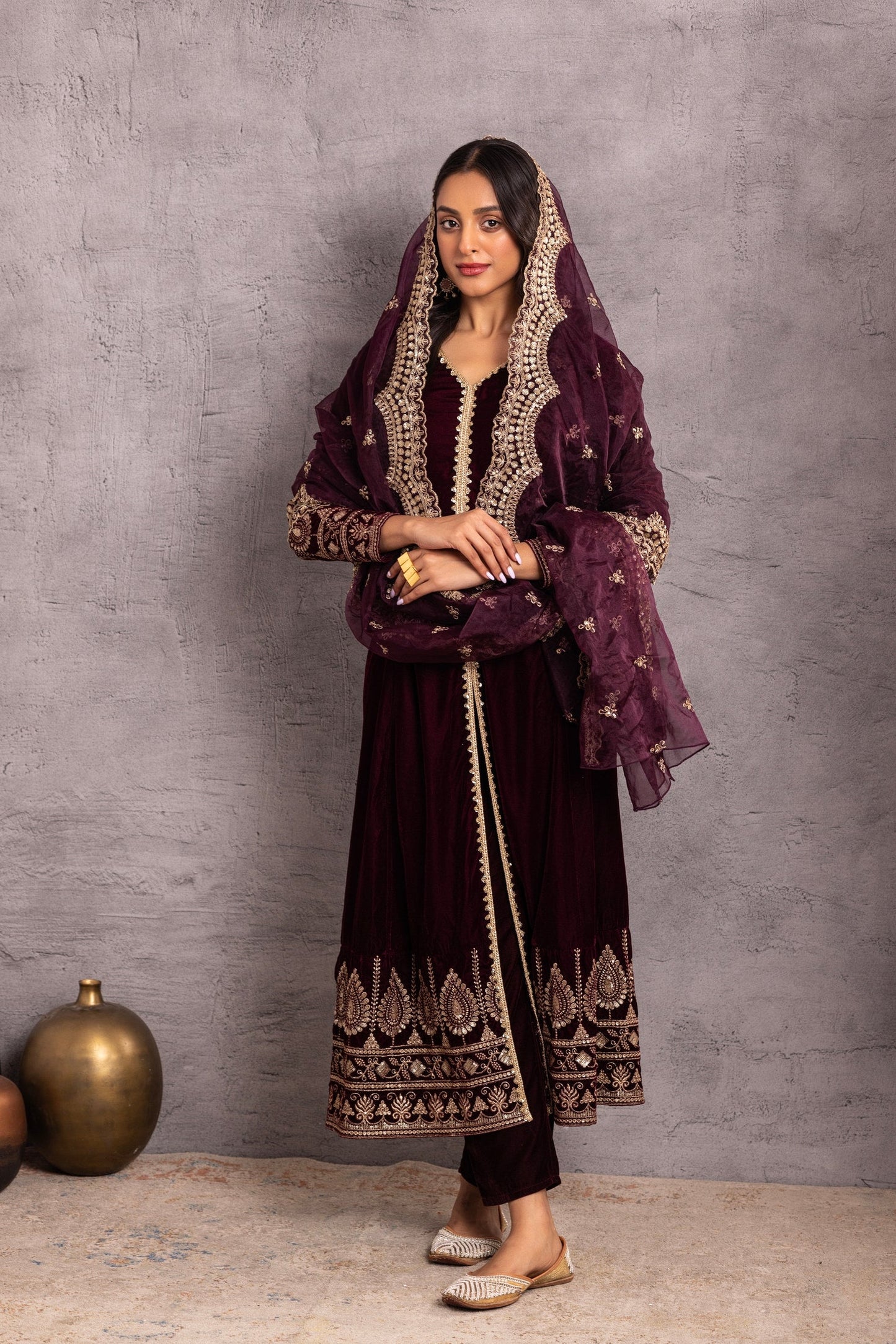 Wine velvet Suit Set with Organza Dupatta