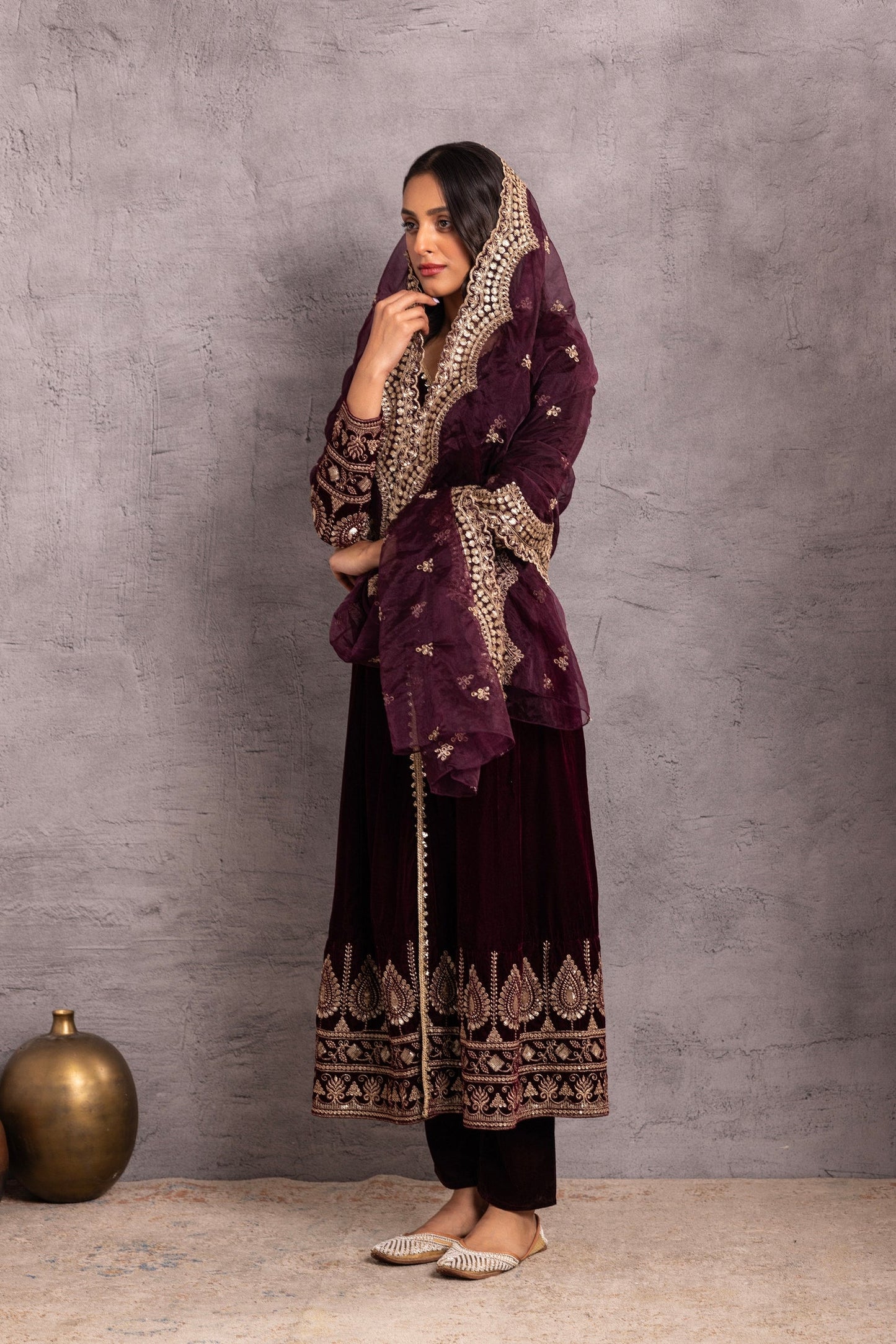 Wine velvet Suit Set with Organza Dupatta