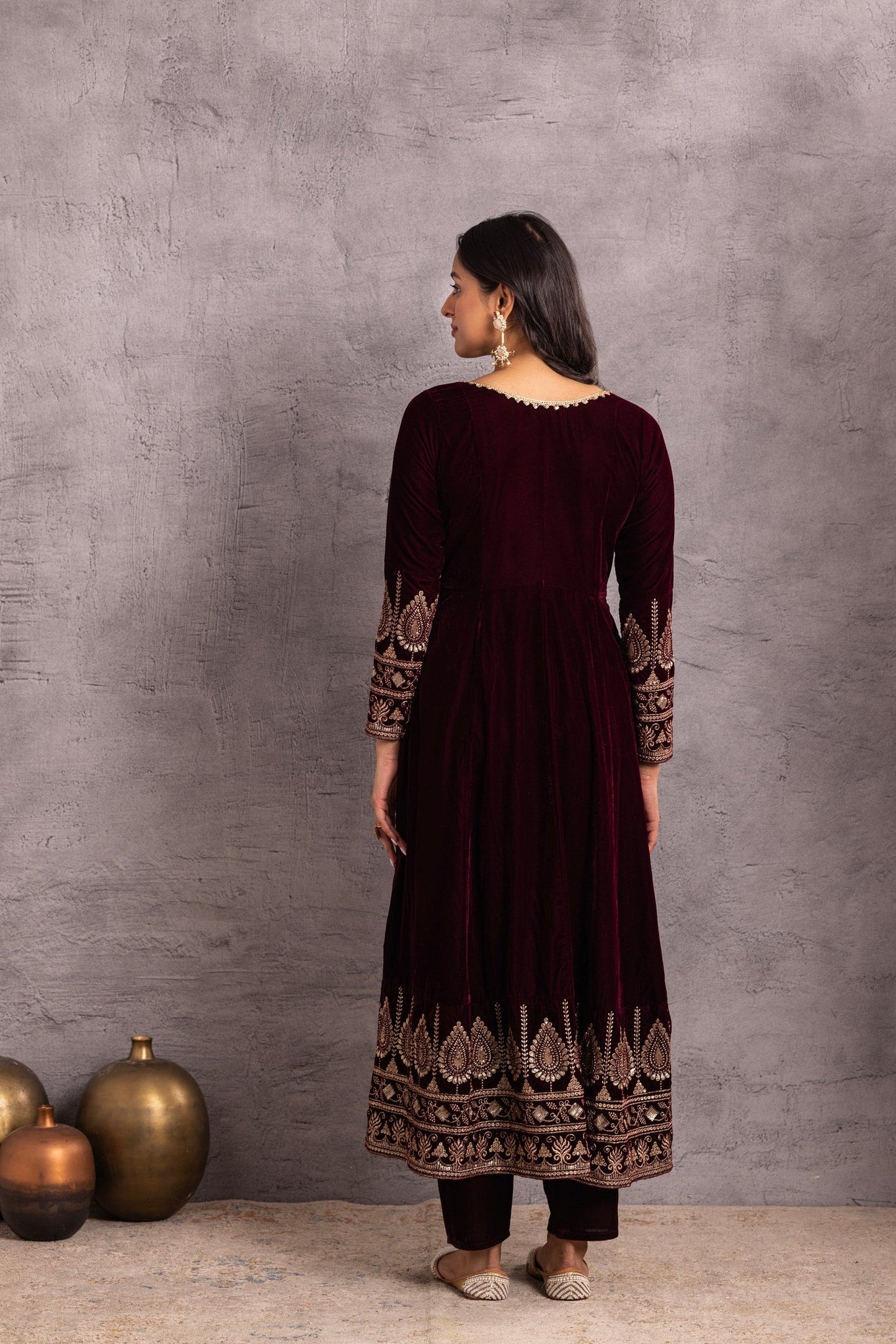 Wine velvet Suit Set with Organza Dupatta