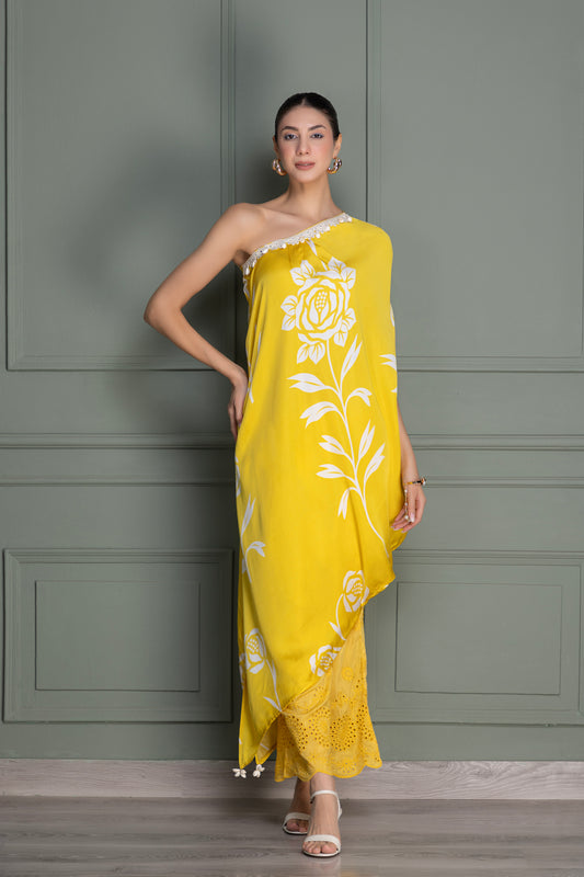 Yellow Drape Printed Indie-Fusion Set