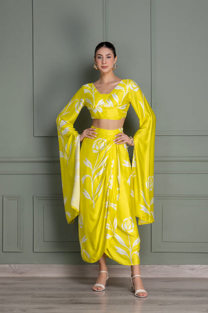 Lime Yellow Floral Printed Drape Top and Skirt Set