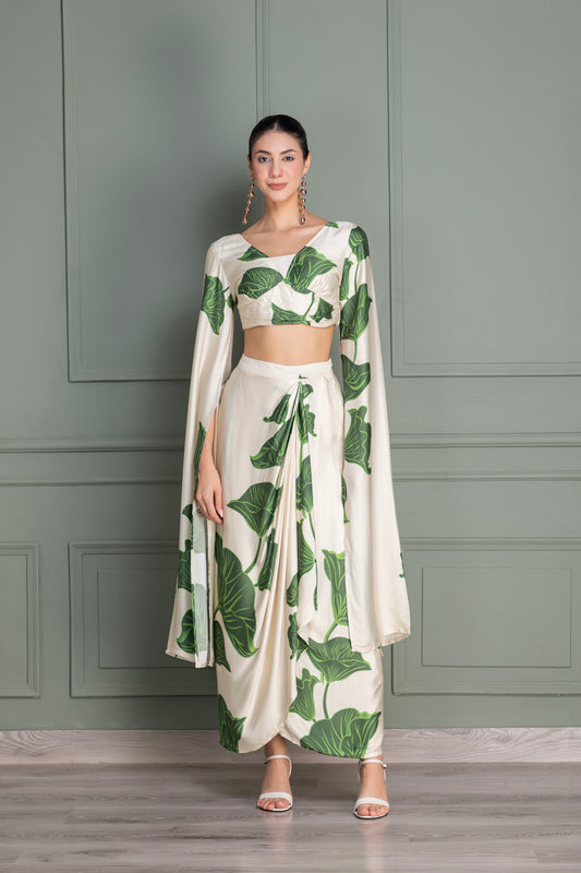 Beige and Green Floral Printed Drape Top and Dhoti Skirt Set