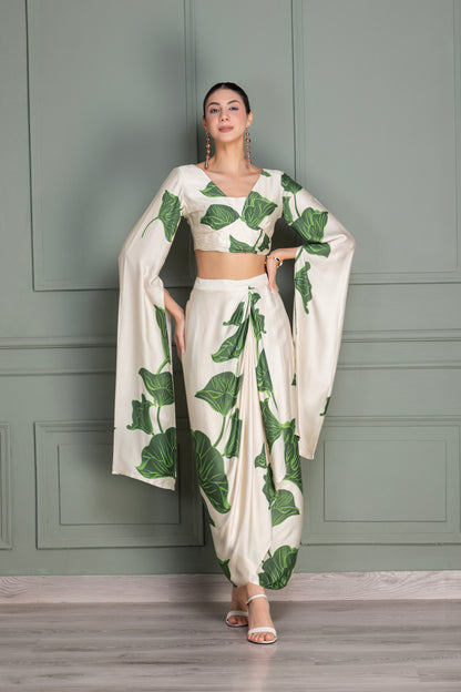 Beige and Green Floral Printed Drape Top and Dhoti Skirt Set