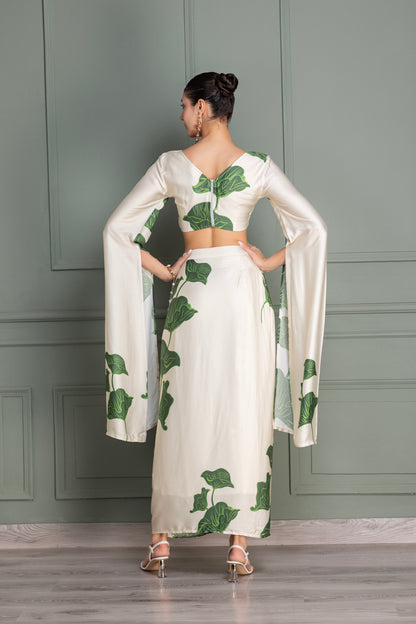 Beige and Green Floral Printed Drape Top and Dhoti Skirt Set