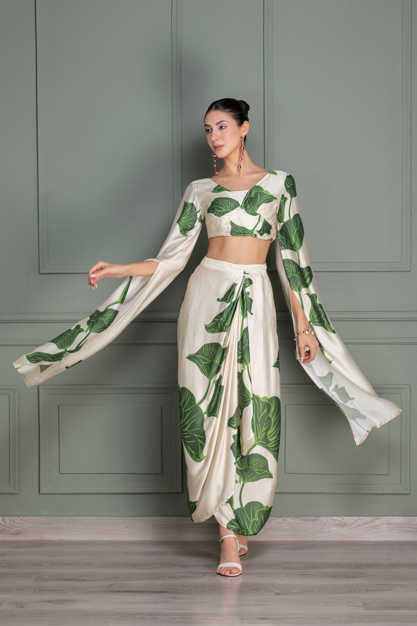 Beige and Green Floral Printed Drape Top and Dhoti Skirt Set