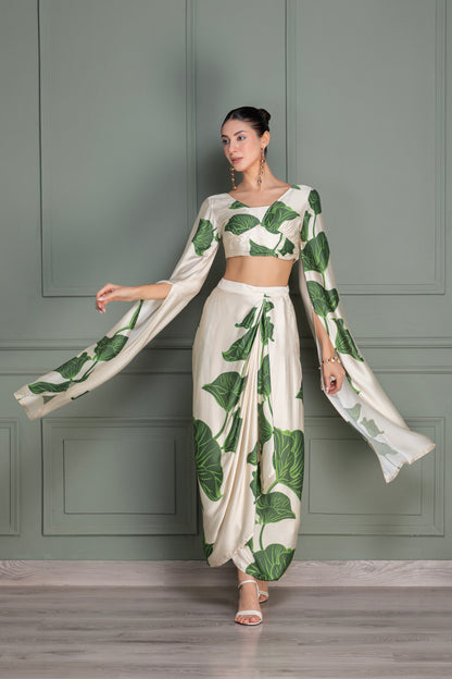 Beige and Green Floral Printed Drape Top and Dhoti Skirt Set