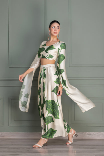 Beige and Green Floral Printed Drape Top and Dhoti Skirt Set