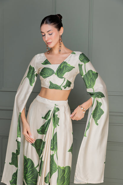 Beige and Green Floral Printed Drape Top and Dhoti Skirt Set
