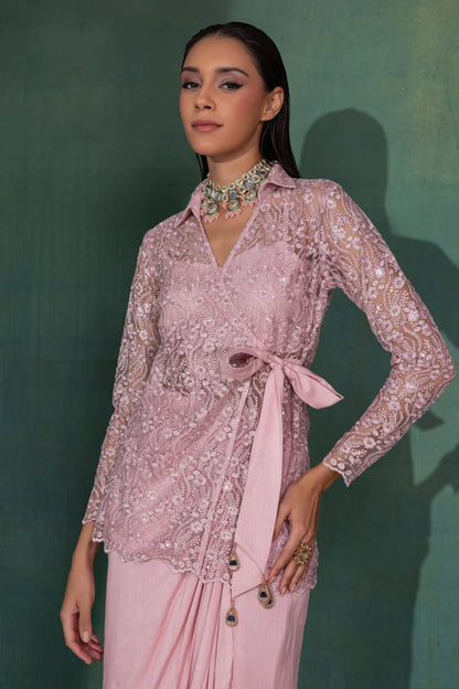 Metalllic Pink Wrap Dhoti Skirt Fusion Set