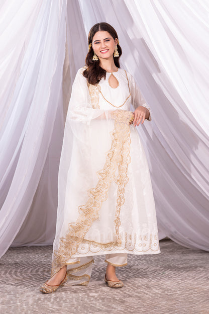 OFF-WHITE AND GOLD ANARKALI SUIT SET