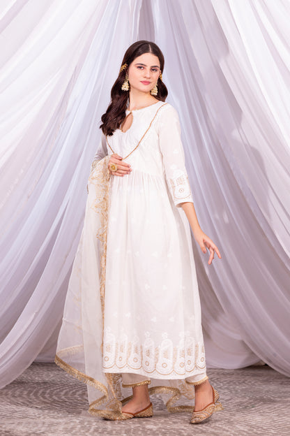 OFF-WHITE AND GOLD ANARKALI SUIT SET