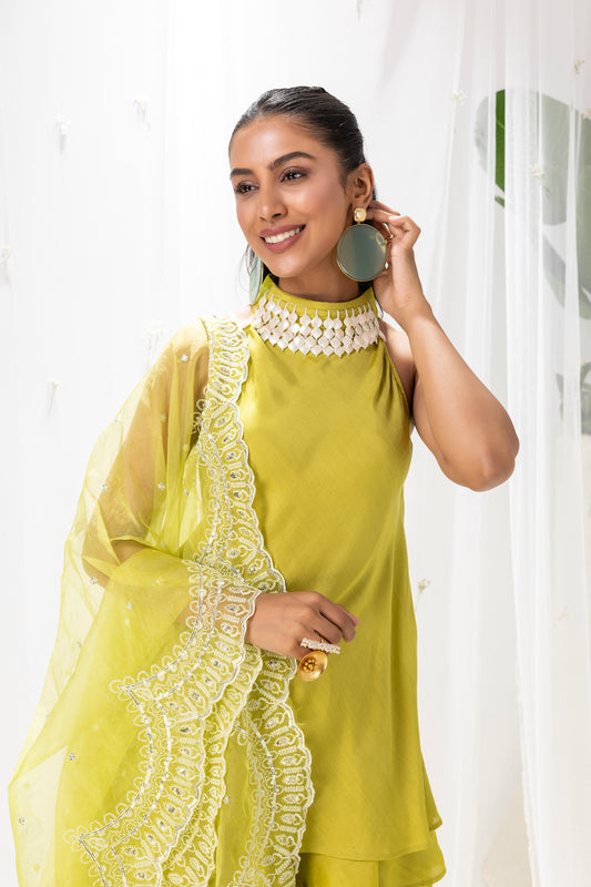 LIME HALTER  LAYERERD SUIT SET WITH EMBROIDERED ORGANZA DUPATTA
