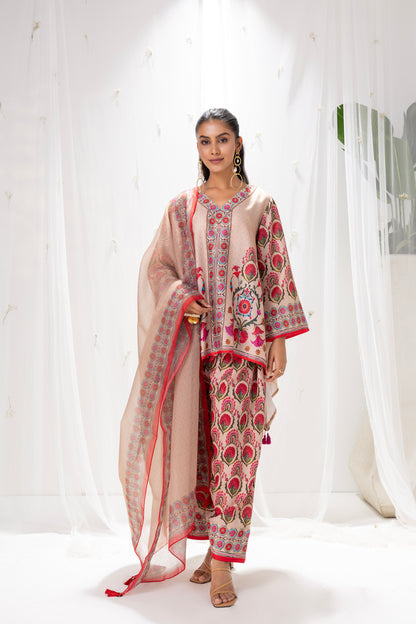 BEIGE MUGHLAI PRINT FARSHI SALWAR SUIT