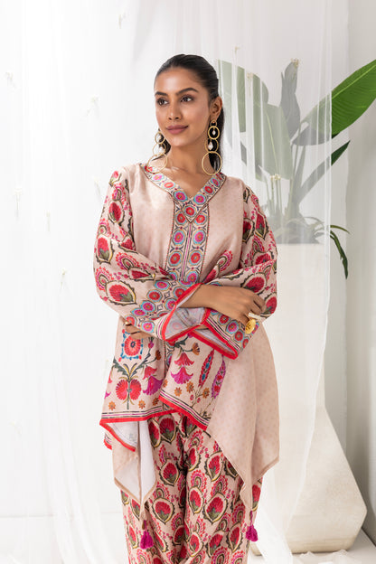 BEIGE MUGHLAI PRINT FARSHI SALWAR SUIT