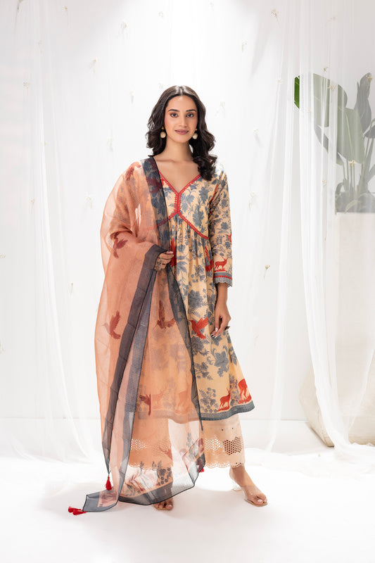 Beige and Blue Gulistan Print Suit Set