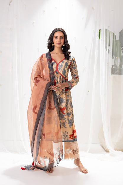 Beige and Blue Gulistan Print Suit Set