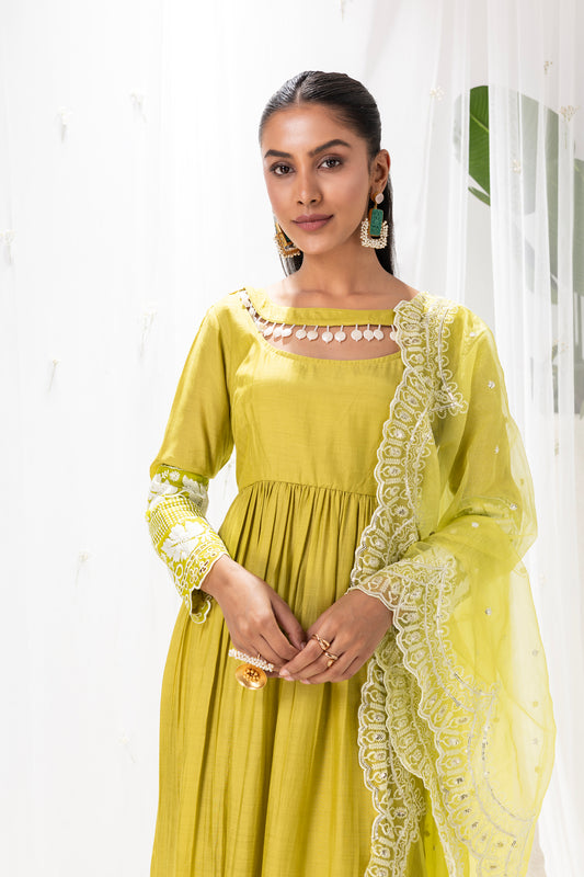 Lime and white Embroidered Flared Suit Set