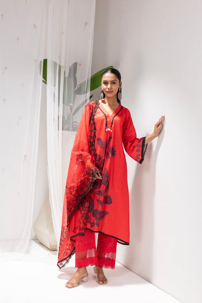 RED AND BLACK FLORAL PRINTED SUIT SET