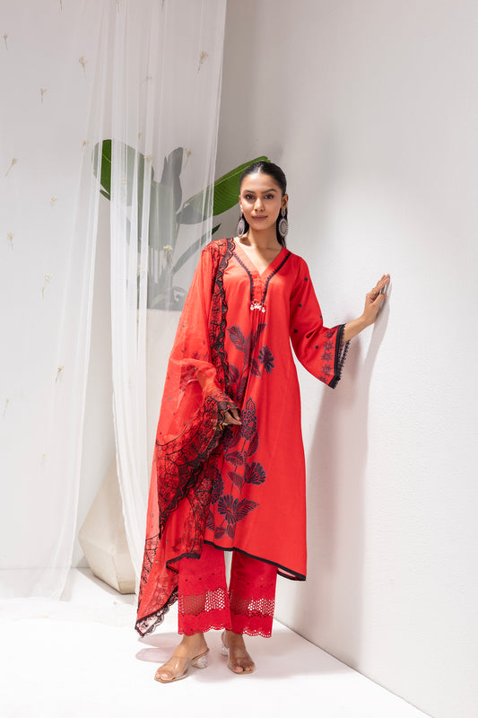 RED AND BLACK FLORAL PRINTED SUIT SET